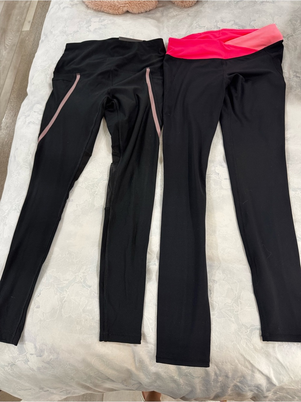 2 Sets of Black Leggings with Pink Waistband & Black Leggings with Pink Trim